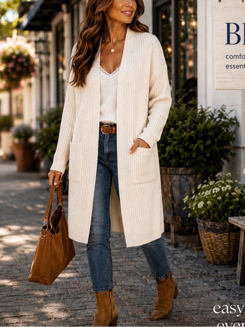 Bluivy, Softly Ribbed Open Cardigan, Lightest Cream, Oversized, Fall,.Size M